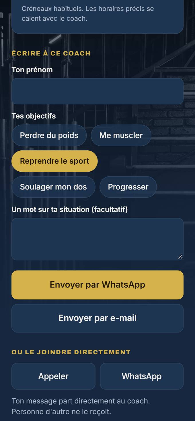 Formulaire de la page Elite Sport Coaching : prénom, objectifs, message, envoi par WhatsApp ou par e-mail.