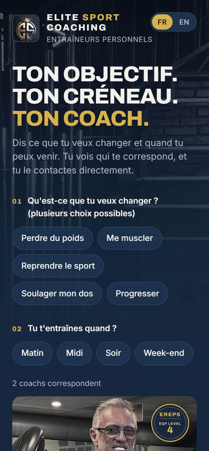 Page d'Elite Sport Coaching sur téléphone : le visiteur choisit son objectif et son créneau.