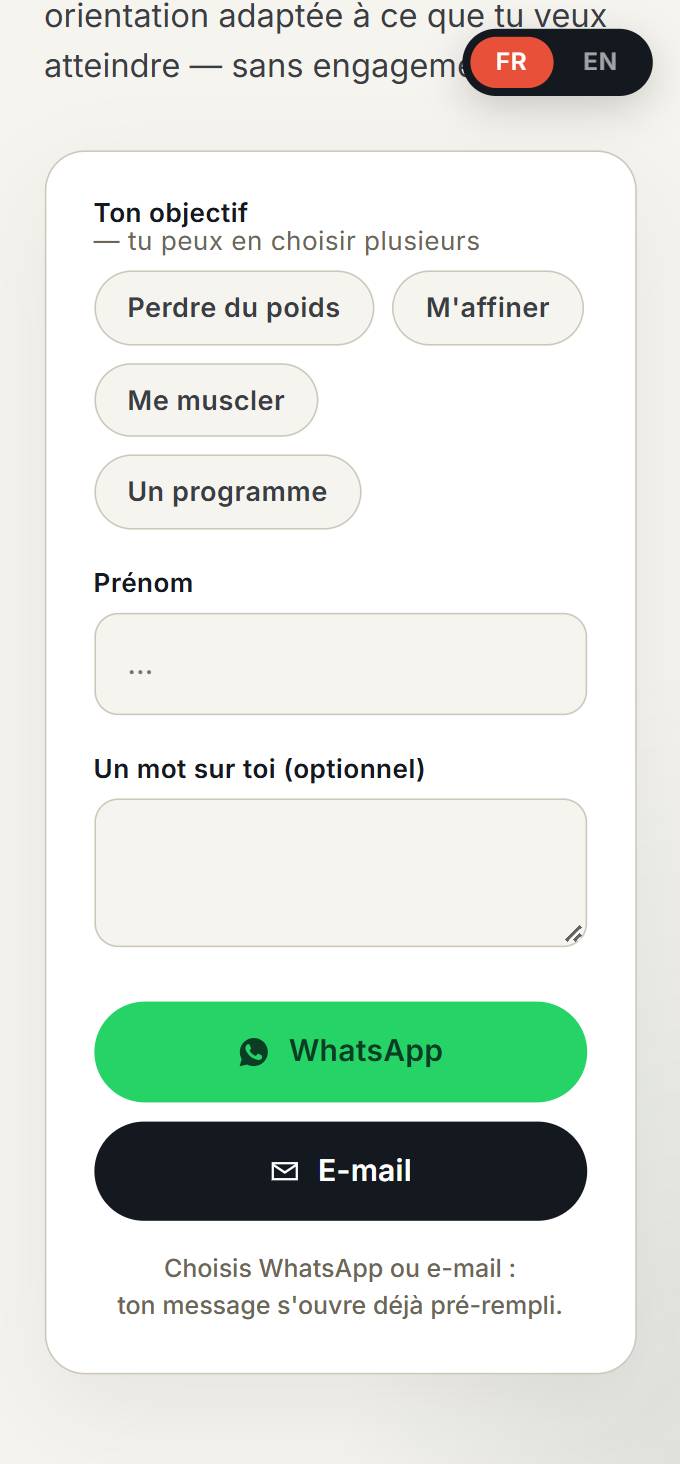 Formulaire SuccessFit : objectif, prénom, message, envoi par WhatsApp ou par e-mail.