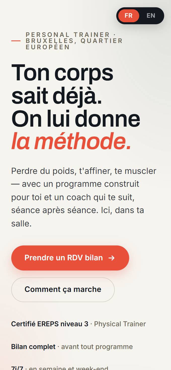 Page SuccessFit sur téléphone : accroche et bouton « Prendre un RDV bilan ».